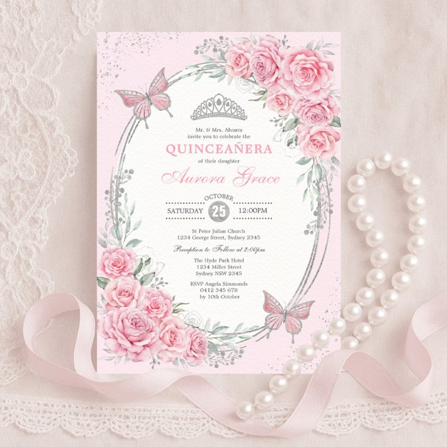 Invitation Soft Pink Silver Quinceañera Rose Flower Butterfly (Créateur téléchargé)