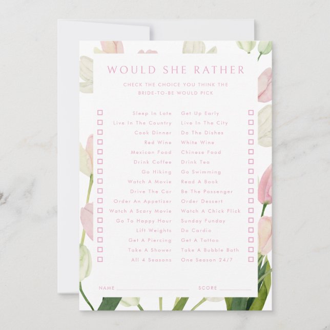Invitation Soft Pink Tulip Bridal Would She Rather Game Card (Devant)