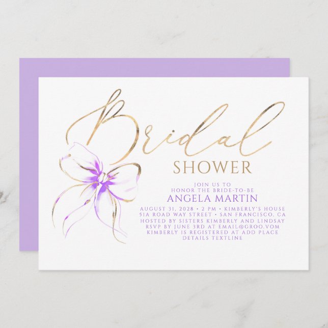Invitation Soft Purple Bow Elegant Romantic Bridal Shower (Devant / Derrière)