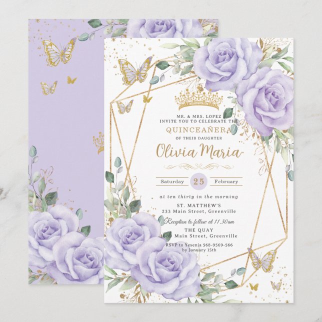 Invitation Soft Purple Lilac Floral Butterflies Quinceanera (Devant / Derrière)