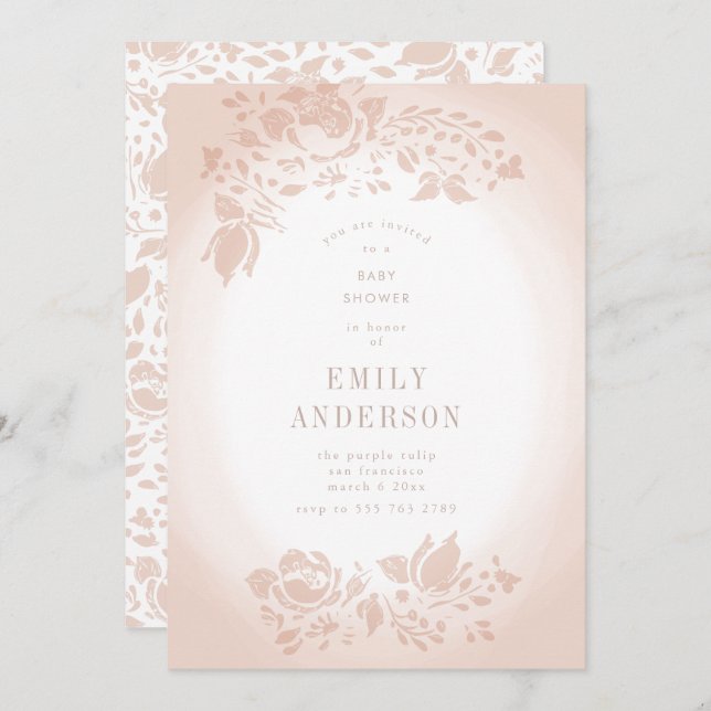 Invitation Soft Romantic Floral Musc Baby shower rose (Devant / Derrière)