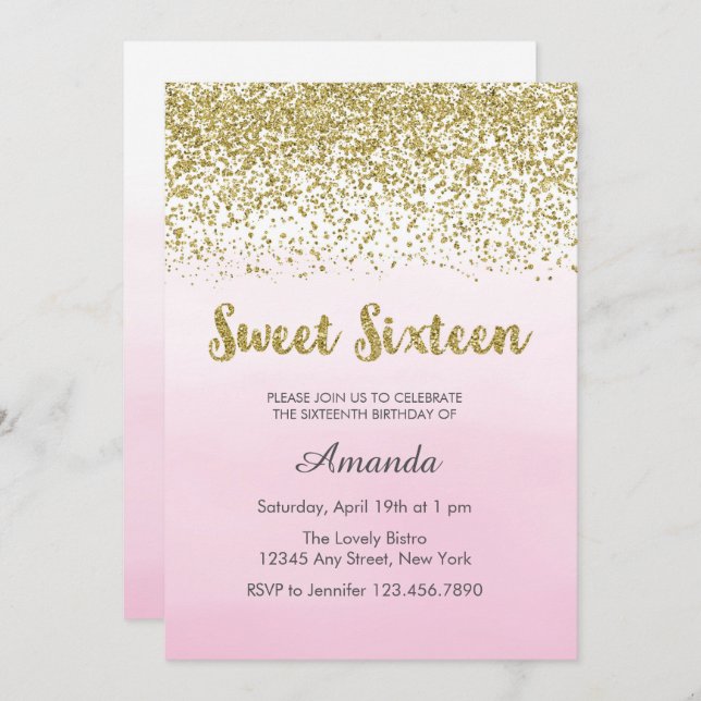 Invitation Soft Rose and Gold Sweet 16 Anniversaire Invitatio (Devant / Derrière)