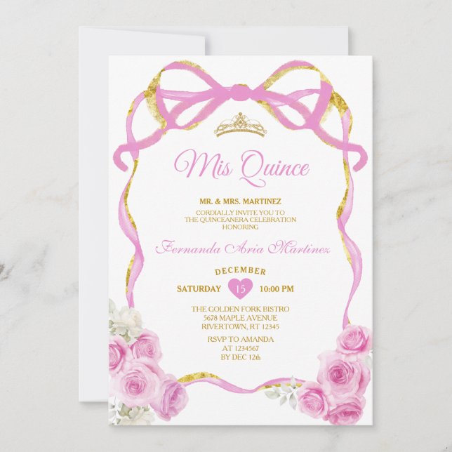Invitation Soft Rose Floral Bow Ribbon Or Couronne Mis Quince (Devant)