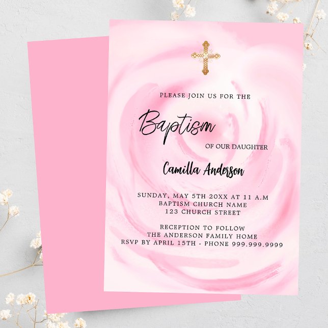 Invitation Soft rose floral fille luxe Baptême (Créateur téléchargé)