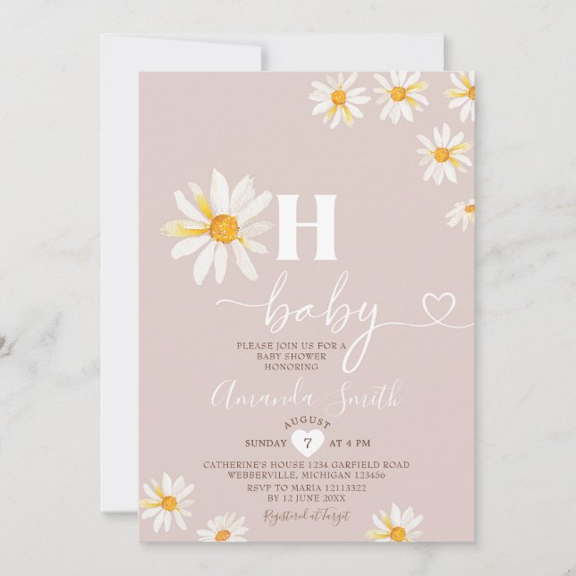 Invitation Soft Rose Oh Baby Daisy Fleurs Boho Baby shower (Devant)