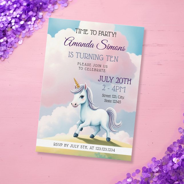 Invitation Soft Sky Unicorn Whimsical Girl 10th Birthday (Créateur téléchargé)