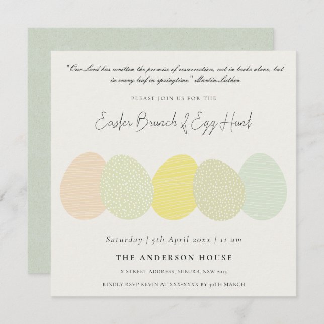 INVITATION SOFT SUBTLE PASTEL EASTER EGGS BRUNCH & EGG HUNT (Devant / Derrière)