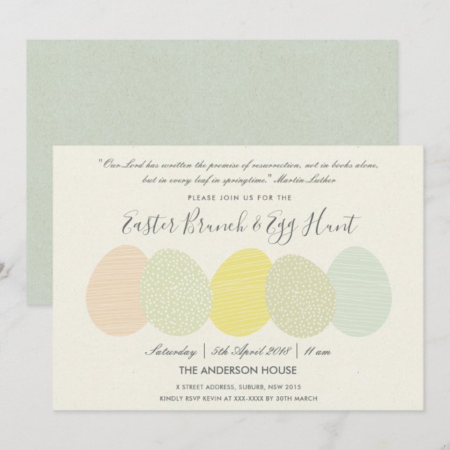 INVITATION SOFT SUBTLE PASTEL EASTER EGGS BRUNCH & EGG HUNT (Devant / Derrière)