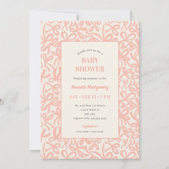 Invitation Soft Terracotta Pink Ribbons and Bows Baby Shower (Devant)
