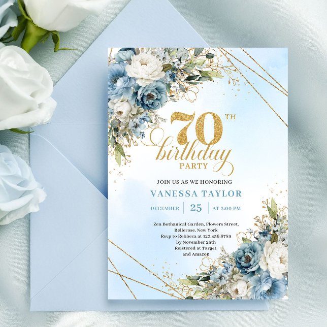 Invitation Soft watercolor blue florals gold 70th birthday  (Soft watercolor blue florals gold 70th birthday invite

)