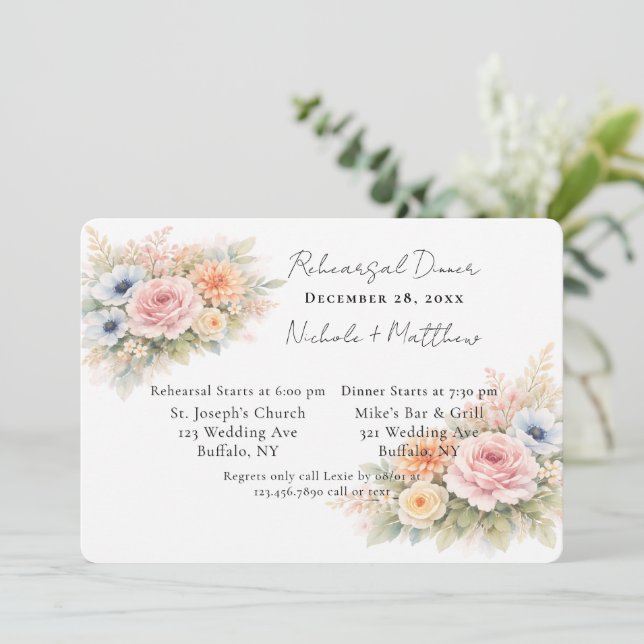Invitation Soft Watercolor Floral Rehearsal Dinner (Debout devant)