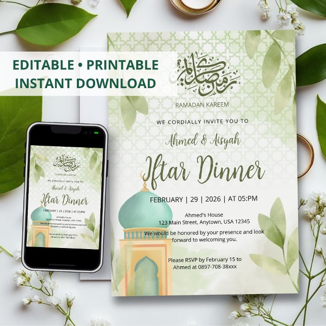 Invitation Soft Watercolor Green Mosque Ramadan Iftar Dinner (Créateur téléchargé)