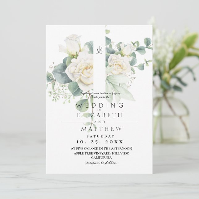 Invitation Soft White Rose and Floral  Elegant Wedding (Debout devant)