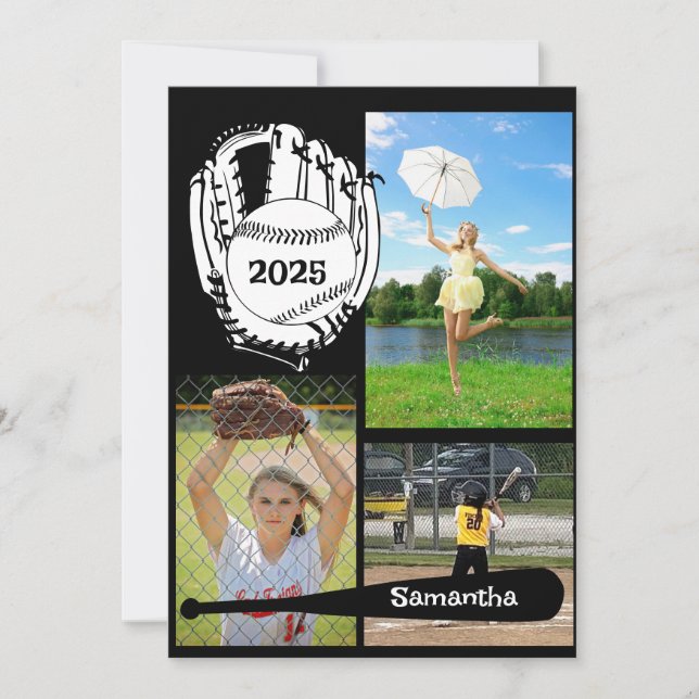 Invitation Softball/ Baseball 3 Photo Black Graduation (Devant)