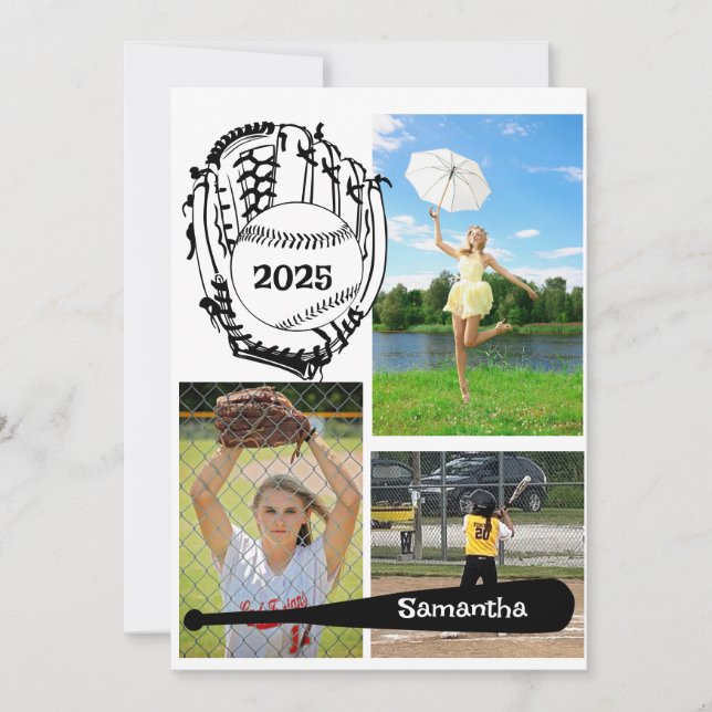 Invitation Softball/ Baseball 3 Photo Graduation Blanche (Devant)
