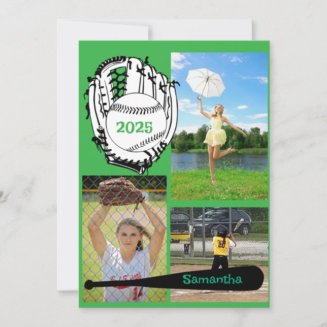 Invitation Softball/ Baseball 3 Photo Green Graduation (Devant)
