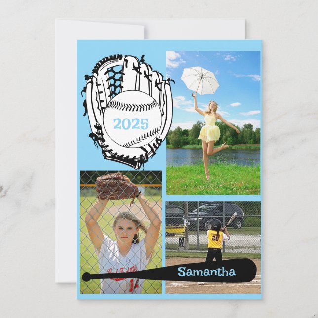 Invitation Softball/ Baseball 3 Photo Light Blue Graduation (Devant)
