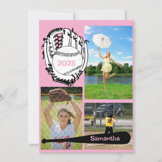 Invitation Softball/ Baseball 3 Photo Pink Graduation