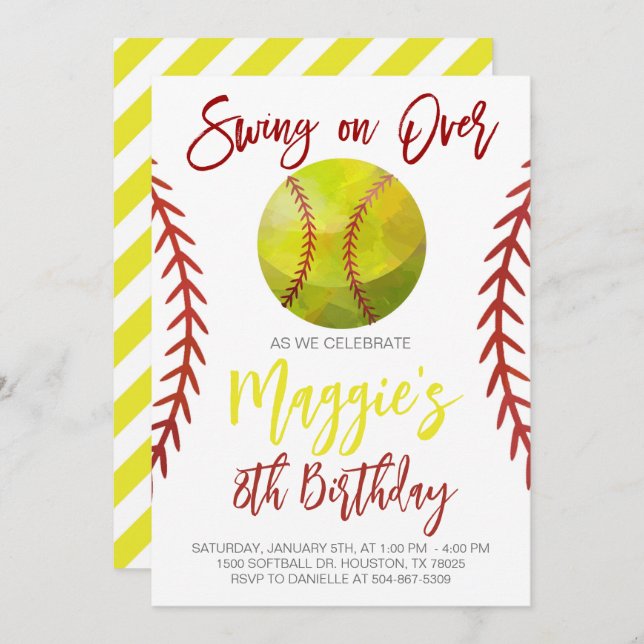 Invitation Softball Swing on Over Anniversaire (Devant / Derrière)