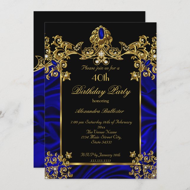 Invitation Soie 40e anniversaire Soie Royal Blue Gold (Devant / Derrière)
