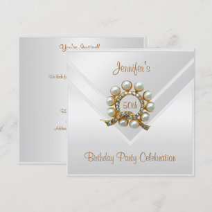 Invitation Soie Blanc 50e anniversaire de fête Gold Pearl Jew
