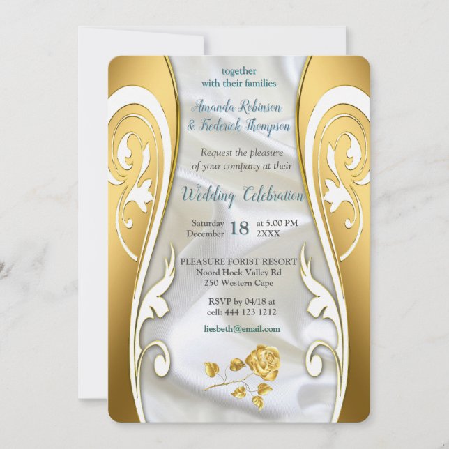 Invitation Soie blanche luxueuse et fluide et roses blanches. (Devant)