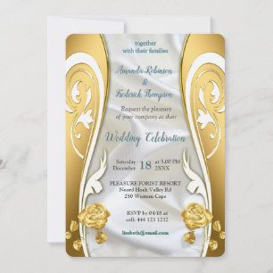 Invitation Soie blanche luxueuse et fluide et roses blanches.
