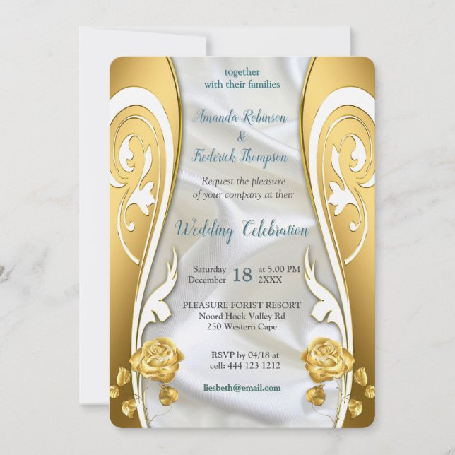 Invitation Soie blanche luxueuse et fluide et roses blanches. (Devant)