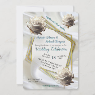 Invitation Soie blanche luxueuse et fluide et roses blanches.