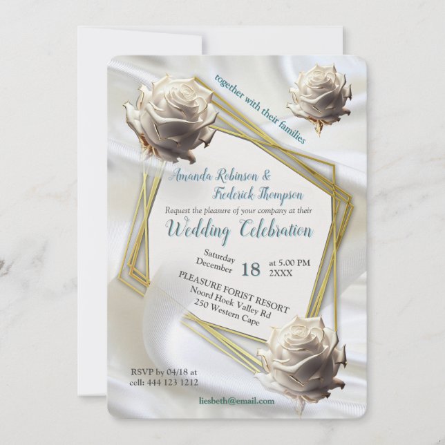 Invitation Soie blanche luxueuse et fluide et roses blanches. (Devant)