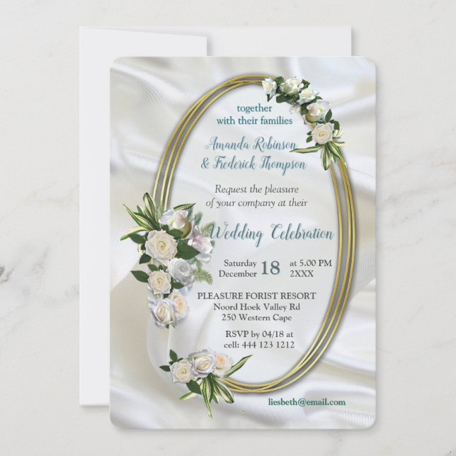 Invitation Soie blanche luxueuse et fluide et roses blanches. (Devant)