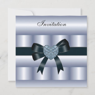 Invitation Soie Bleu Argent Noir Diamant Coeur