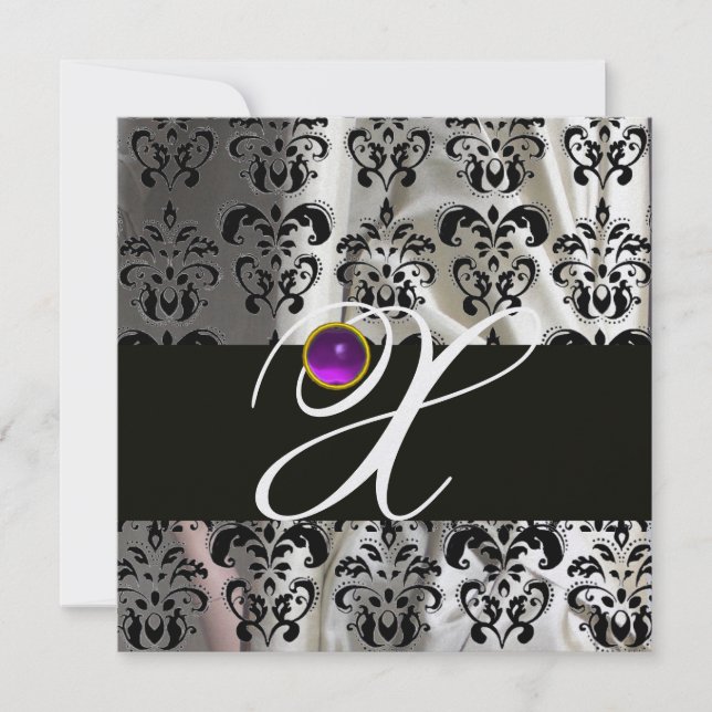 INVITATION SOIE DAMASSÉE GLACE NOIRE MONOGRAMME POURPRE AMÉTH (Devant)