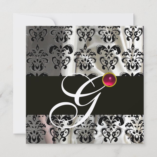 INVITATION SOIE DAMASSÉE NOIR BLANC MONOGRAMME ROSE RUBIS (Devant)