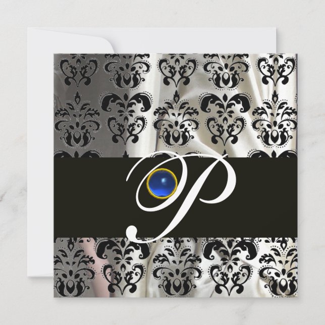 INVITATION SOIE DAMASSÉE NOIR BLANC MONOGRAMME SAPPHIRE BLEU (Devant)