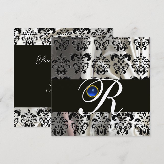 INVITATION SOIE DAMASSÉE NOIRE ARGENTÉE MONOGRAMME SAPPHIRE B (Devant / Derrière)