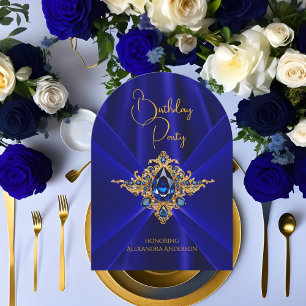 Invitation Soie fausse élégante bleu royal anniversaire or bi