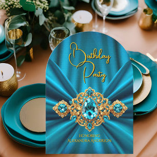 Invitation Soie Faussse Bijou Or Anniversaire Bleu Turquoise 