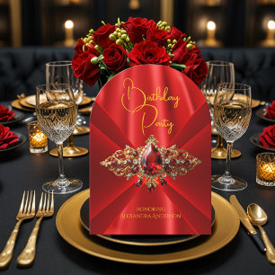 Invitation Soie Faussse Élégant Royal Rouge Anniversaire Or B