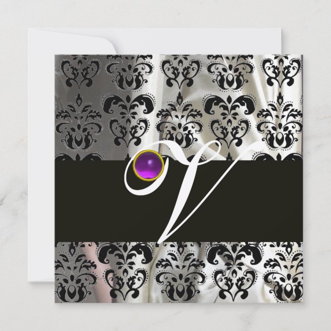 INVITATION SOIE NOIR BLANC DAMAS MONOGRAMME VIOLET AMÉTHYSTE (Devant)