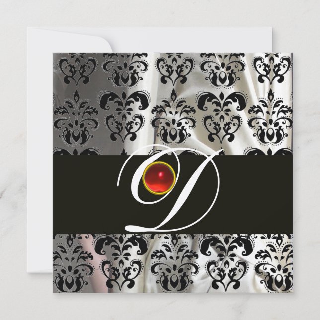 INVITATION SOIE NOIRE BLANCHE DAMASSÉE MONOGRAMME  RUBIS ROUG (Devant)