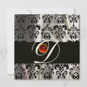 INVITATION SOIE NOIRE BLANCHE DAMASSÉE MONOGRAMME  RUBIS ROUG