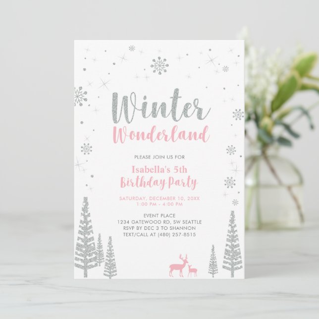 Invitation Soie, Pink Winter Wonderland Anniversaire de enfan (Debout devant)