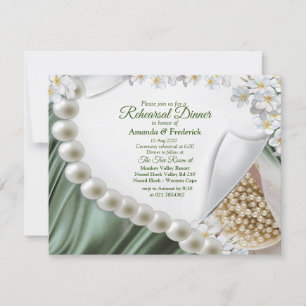 Invitation Soie verte et perles d'ivoire Dîner de répétition