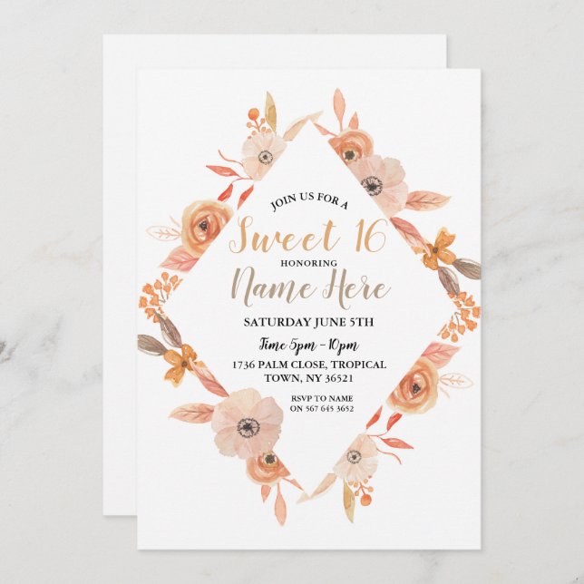 Invitation Soignée 16 Anniversaire Fleurs d'automne Auburn (Devant / Derrière)