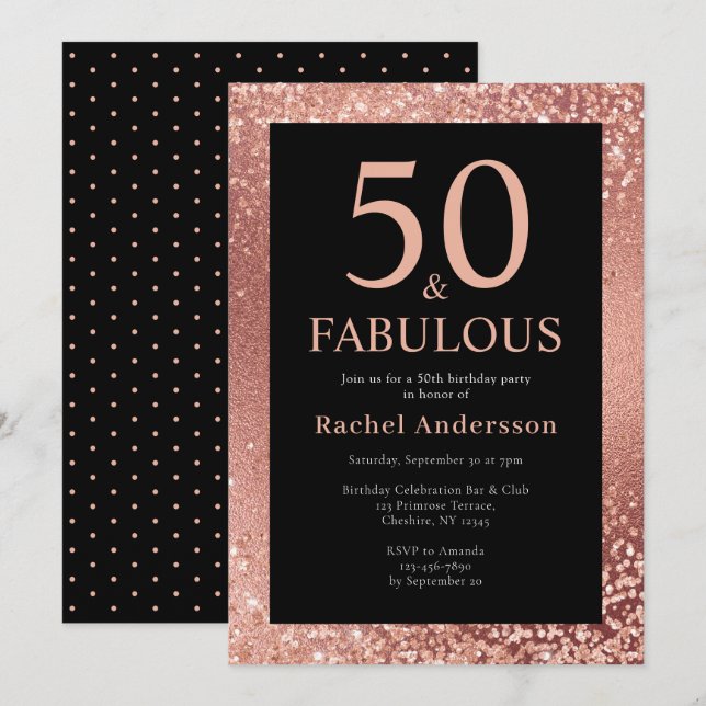 Invitation Soignée 50e anniversaire Metalic Rose Gold Party (Devant / Derrière)