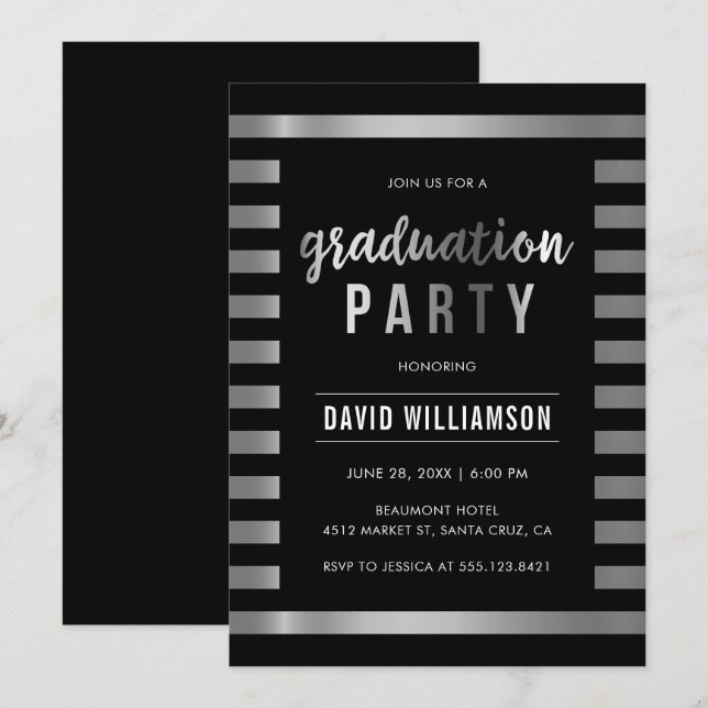 Invitation Soignée Black & Silver Stripes Graduation Party (Devant / Derrière)