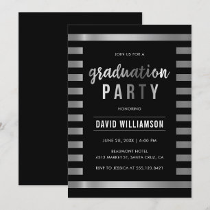 Invitation Soignée Black & Silver Stripes Graduation Party