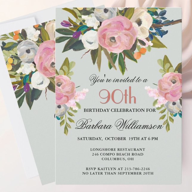 Invitation Soignée élégante peinte à la main Floral 90e fête  (Créateur téléchargé)