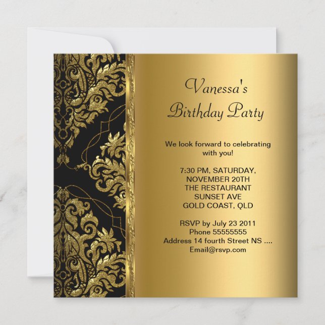 Invitation Soignée fête d'anniversaire Gold Black Damask Flor (Devant)